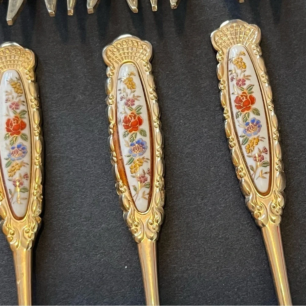 Demitasse Fork Set Porcelain Floral Handle Japan Gold Tone Appetizer Tea Set 11x